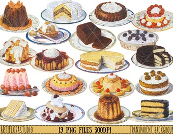 Può includere: Una collezione di 19 illustrazioni vintage di vari dessert, tra cui torte, budini e pasticcini. Le illustrazioni sono in stile cartone animato e presentano una varietà di colori e design. Le immagini hanno uno sfondo trasparente.