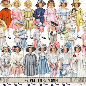 Può includere: Una collezione di 24 illustrazioni digitali di ragazze che indossano diversi abiti e cappelli. Le illustrazioni sono in stile vintage e hanno uno sfondo trasparente.