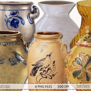 Puede incluir: Seis jarras de cerámica vintage con varios diseños pintados. Las jarras son de diferentes formas y tamaños, algunas con pájaros, flores y patrones geométricos. Las jarras están pintadas en tonos de azul, marrón, amarillo, verde y blanco.