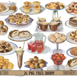 Vintage Tea Party clipart, 26 PNG, teatime images, fussy cut food, muffins, doughnuts, bread, scrapbooking, digital ephemera, download png