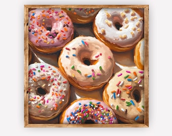 May include: A close-up of a variety of donuts with colorful sprinkles. The donuts are arranged in a circle on a white surface. Some of the donuts are glazed, while others are frosted with different colors.