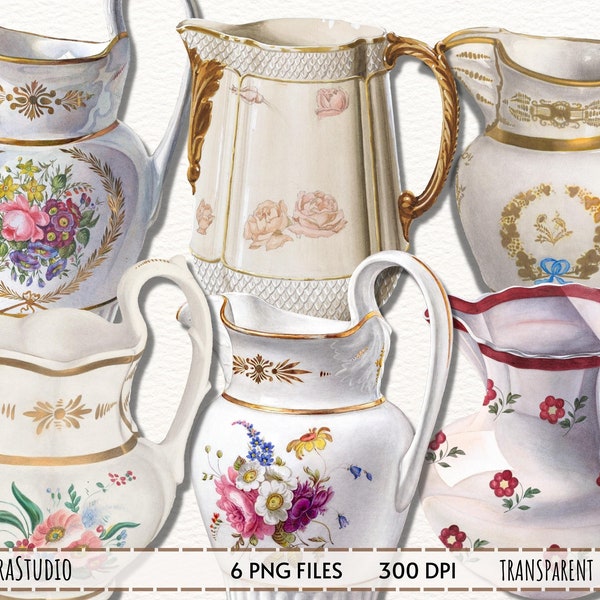 Watercolor Pitcher Clipart, ceramic pitcher clipart, porcelain pitcher, flower container, decorative elements for instant download PNG