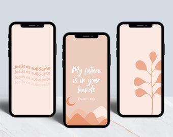 Pode incluir: Três maquetes de tela de telefone com designs diferentes. A primeira tela de telefone tem o texto "Jesús es suficiente" repetido quatro vezes. A segunda tela de telefone tem o texto "My future is in your hands" com o texto "Psalms 165" abaixo. A terceira tela de telefone tem um design simples com um galho com folhas na cor pêssego.