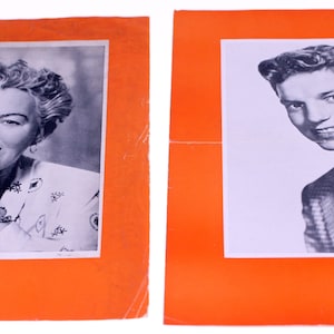 May include: Two black and white photographs of people. The woman on the left is smiling and has her hands clasped in front of her. The man on the right is smiling and wearing a patterned suit.