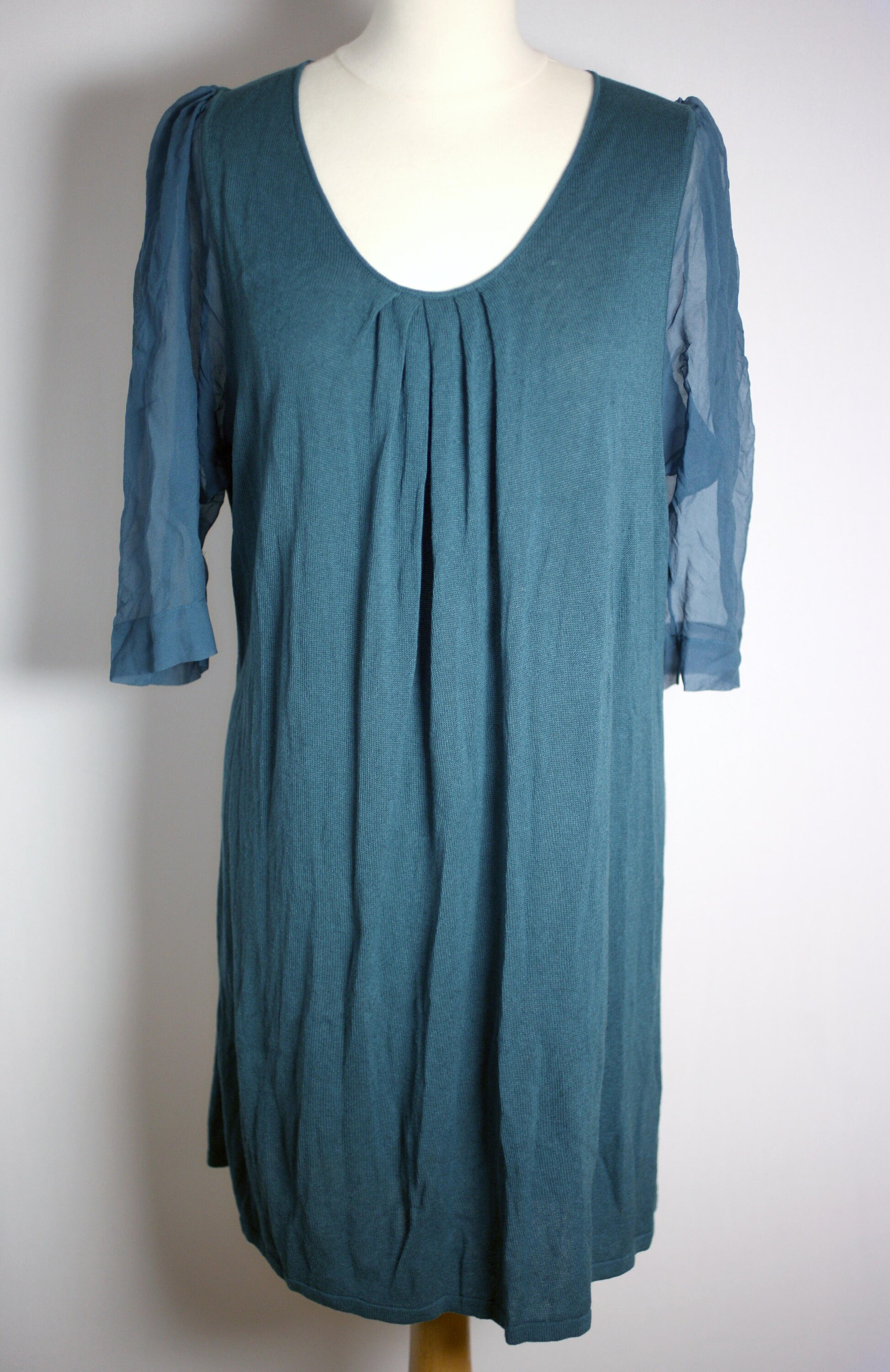 Vanessa Bruno ladies green wool-blend vintage dress with sheer 3/4 length sleeves-New no tags-Size 1-EU 36-UK 8-US 4 (Weight: 234g) freepost