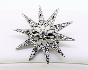 Vintage ladies white metal star brooch inset with clear stones - circa 1980s-FREE postage
