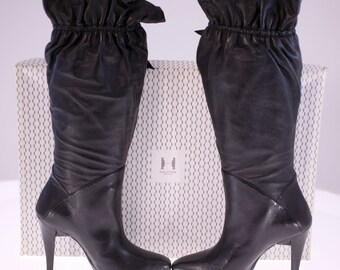 Halston Heritage ladies vintage self-tie black leather ruched boots (US 7.5) - NEW - Weight 1.63Kg - FREE postage