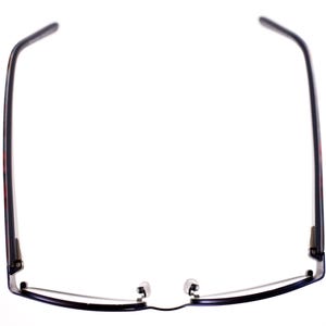 May include: A pair of eyeglasses featuring a black frame and temples. The temples display a subtle red and black pattern. The lenses are clear, and the nose pads are small and transparent. The glasses are set against a white backdrop.