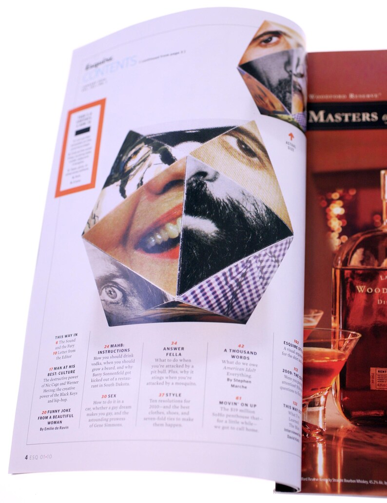Puede incluir: P&aacute;ginas de revista abiertas con un collage geom&eacute;trico de rostros. El &iacute;ndice enumera art&iacute;culos sobre diversos temas. Una botella de bourbon y una copa de c&oacute;ctel son visibles en el fondo.