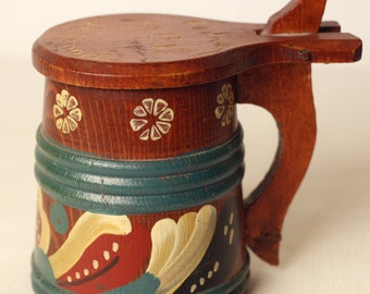 Swedish antique hand carved wooden mug with lid-hand painted- circa 1913-FREE postage