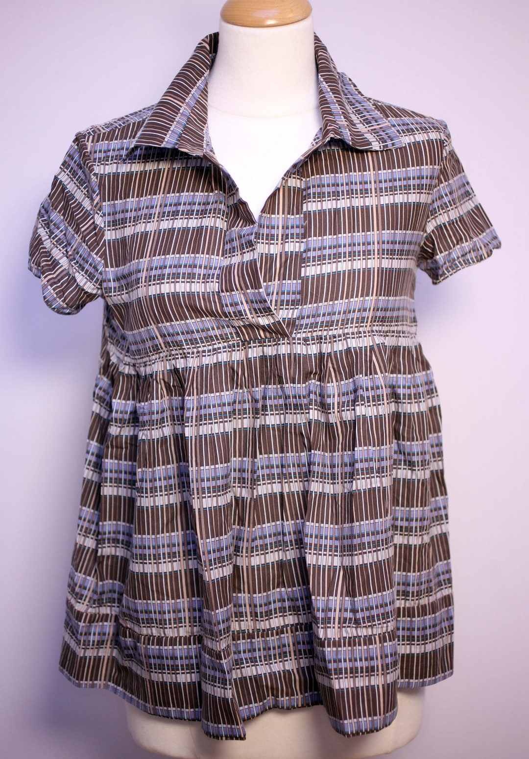 Vintage 90s Black Cream Geometric Swirl Pattern Print Fitted Party Blouse 12 M