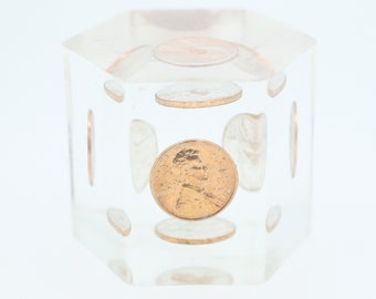 Lucite 1970s US Penny paperweight-vintage and original-hexagonal design with multiple pennies in clear lucite-FREE postage