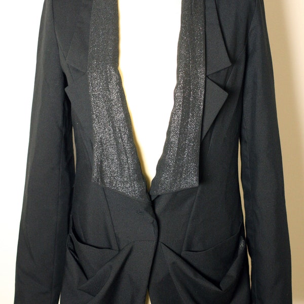 Blazer noir vintage Belle dames avec détail de col pailleté-vers les années 1970-EU 36-UK 8-US 4 (Poids : 436g) frais de port gratuits