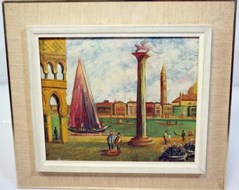 ベネチアの港の風景を描いたヴィンテージの油彩画（キャンバス地、1950 
