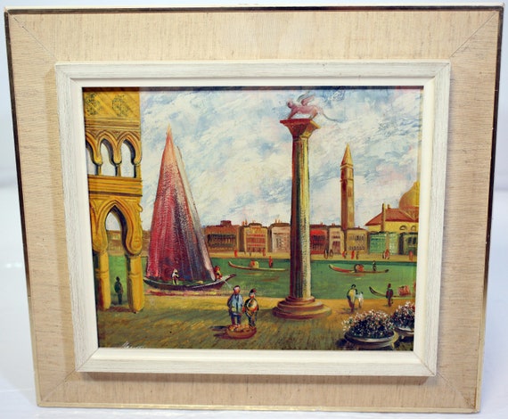 ベネチアの港の風景を描いたヴィンテージの油彩画（キャンバス地、1950 