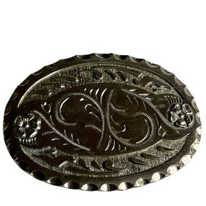 WESTERN belt BUCKLE shiny vintage Americana floral tooled ornate large unisex women’s FREE shipping