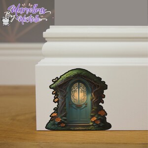May include: A teal blue door with a stained glass window and a light shining from inside. The door is surrounded by vines and green moss, and there are orange flowers on either side.