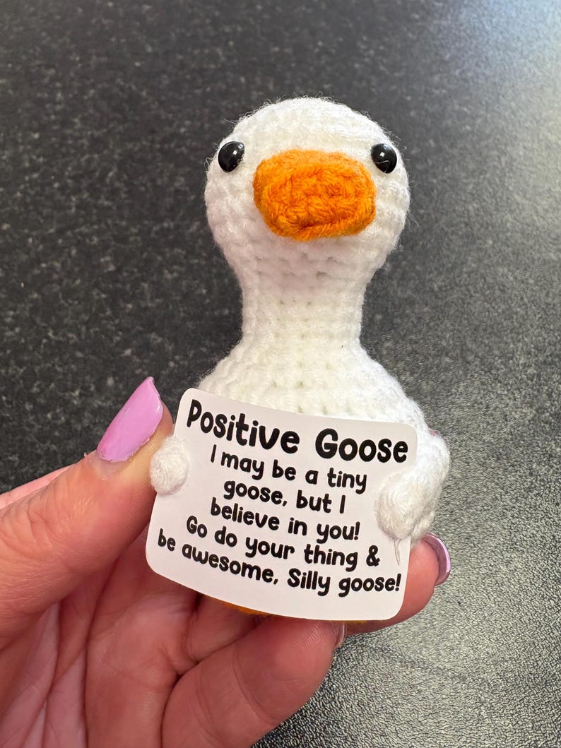 May include: A white crocheted goose with an orange beak and black eyes. The goose holds a sign that reads "Positive Goose" with an inspirational message. A cute, handmade, and whimsical item.