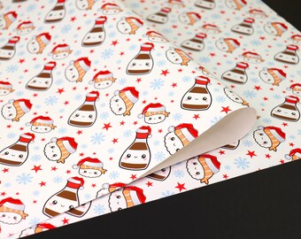 Handmade Cute Kawaii Soy Sauce And Sushi Wearing Christmas Hat Wrapping Paper Gift Wrap A2 Sheets Birthday Anniversary Xmas Etc.