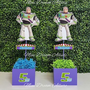 May include: Two purple boxes with green and blue tissue paper inside. Each box has a number 5 and the words "Space Rangers" on it.  A cardboard cutout of Buzz Lightyear from the Toy Story movie is on a stick in each box. The stick also has a sign that says "Nathan".