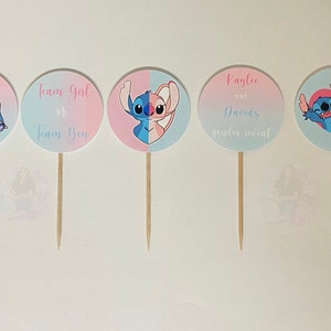 Stitch and Angel cupcake toppers, gender reveal, angel and stitch party supplies, stick and angel decoration, stitch birthday party