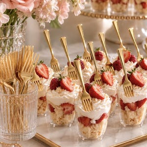 May include: A collection of small clear plastic dessert cups filled with layers of cake, whipped cream, and sliced strawberries, each topped with a gold-colored plastic fork. A glass holder contains additional gold forks on a marble tray.