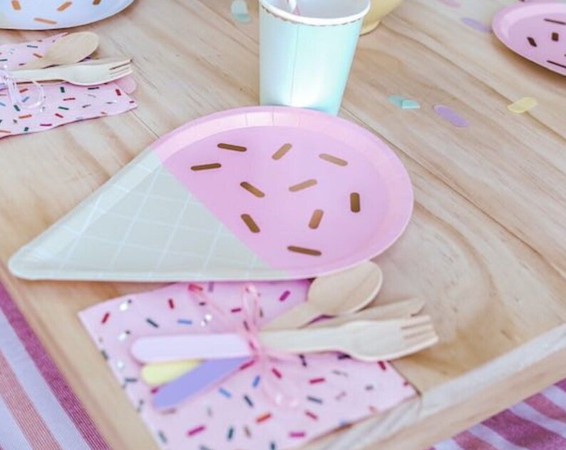 Ice Cream Party Paper Plate Cups Napkins Cutlery Set for Kids Birthday Party Decoration Ice Cream Theme Bday Celebration