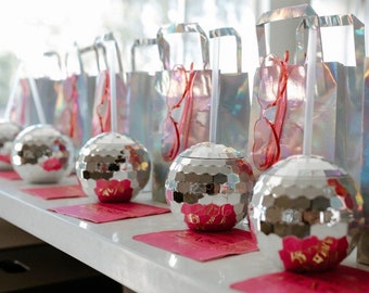 Conjunto de 4 bolas de discoteca espelhadas, copos de 20 oz com canudo, decorações de festa prateadas, chá de bebê, casamento, festa disco, prata, dourado e rosa