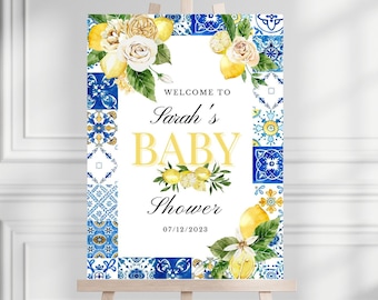 Letrero de bienvenida para baby shower con azulejos azules y limón, decoración para fiesta italiana, nupcial, Positano, mediterránea, plantilla imprimible, descarga instantánea