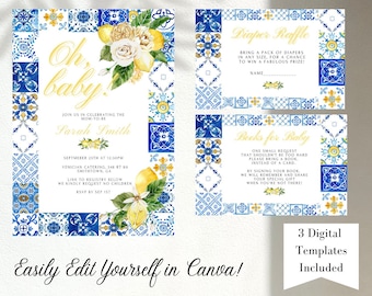 Convites para chá de bebê com limão, livro para inserir em azulejo azul italiano mediterrâneo, convite para festa em Positano, download instantâneo, modelo para impressão
