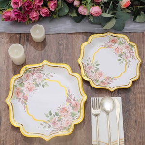 Paper Party Plates Floral Chinoiserie Print Fancy 8&quot; Scallop Rim Dessert Plate and 10&quot; Scallop Rim Dinner Plate Disposable App Salad Plate