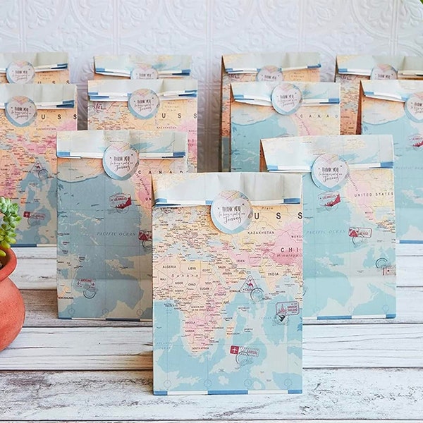 World Map Travel Themed Party Favor Goodie Treat Candy Bags and Stickers for Bridal Shower Wedding Favor Dessert Display Macaron Donut Favor