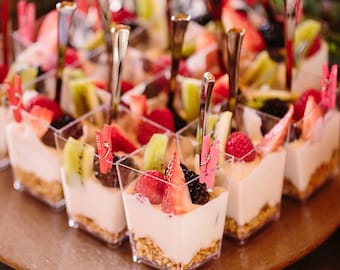 Set of 25 Plastic Dessert Parfait Favor Cups with Mini Forks Spoons Appetizer Cups for Party Mini Dessert Cups Clear Plastic Cup Dessert