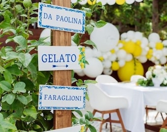 Blue Tiles and Lemon Wedding Signposts Italian Themed Amalfi Coast Positano Party Decor Mediterranean Italy Road Signs Bridal Shower Wedding