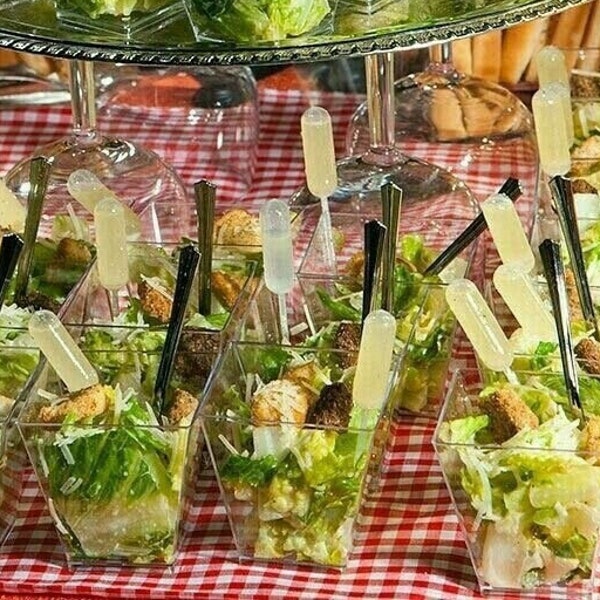 Salad Appetizer Cups Dressing Pipettes Mini Forks Set for Food Display Buffet Catered Event Wedding Brunch Grazing Station Charcuterie Cups
