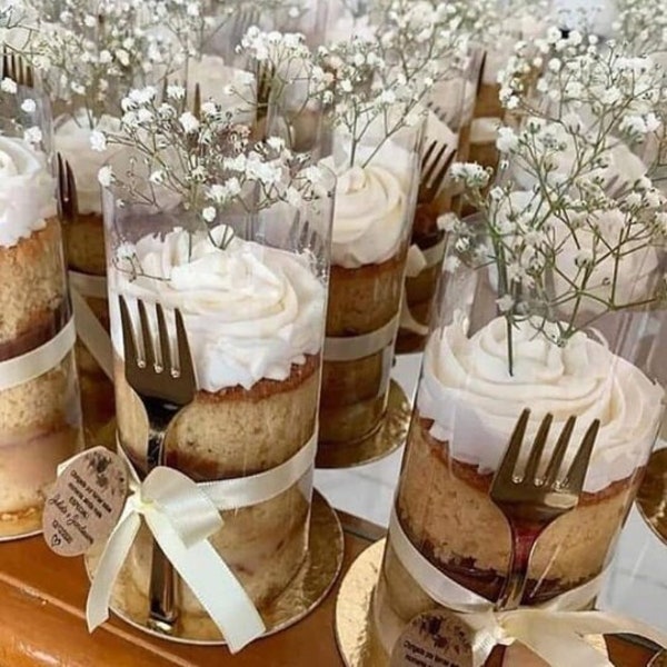 DIY Mini Cake Favor Set Klare Kuchen Wrap w / Mini-Gabeln für Dessert Display Hochzeit Brautdusche Elegante Kuchen Dekor behandelt Food Favor