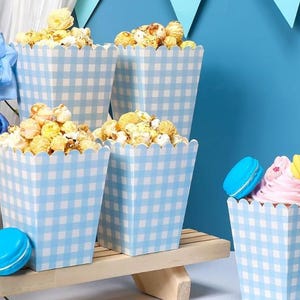 以下が含まれることがあります： 青と白のチェック柄のポップコーン容器がいくつかあり、ポップコーンが入っています。ピンクのフロスティングと青いマカロンが入ったカップケーキ容器が2つあります。白いリボンと白い花が付いたギフトボックスが背景にあります。