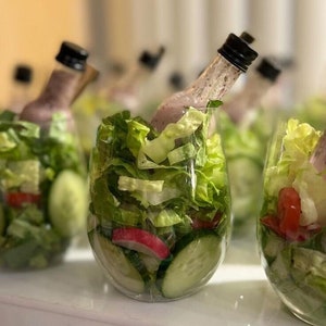 Salad Appetizer Cups Dressing Mini Bottles Forks Set for Food Display Buffet Catered Event Wedding Brunch Grazing Station Charcuterie Cups