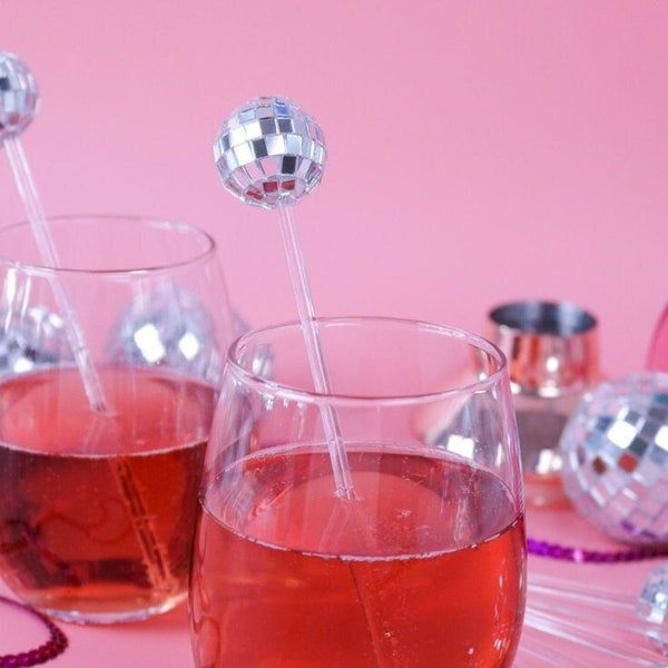 Disco Ball Drink Stirrers glitter Drink Stirrers Silver Pink for Disco Party Birthday Bachelorette Wedding Party Disco Theme