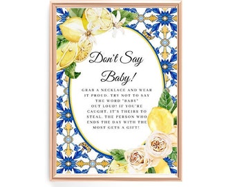 Jogo de chá de bebê de limão com azulejos azuis impressos, Don't Say Baby com colares de pérolas, jogo de chá de bebê italiano Amalfi, Mediterrâneo, Positano, verão