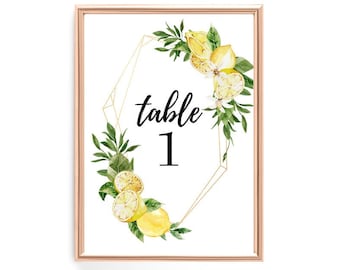 Modelo de número de mesa de limão para casamento na Itália, placa de número para casamento no Mediterrâneo, para impressão, editável, download instantâneo