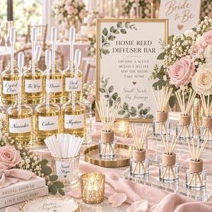 May include: A home reed diffuser bar display featuring glass bottles with labels like Crystal Clear, The Way, Dream, Dark Velvet, November, Cabone, and Mystara, alongside a sign, scent strips, and small glass diffusers with wooden reeds.