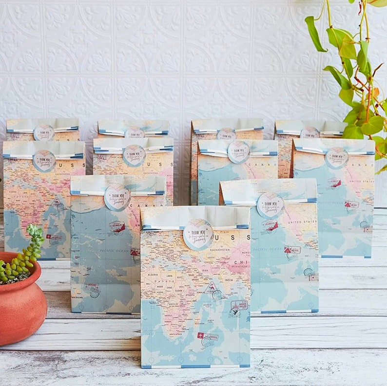 World Map Travel Themed Party Favor Goodie Treat Candy Bags and Stickers for Bridal Shower Wedding Favor Dessert Display Macaron Donut Favor