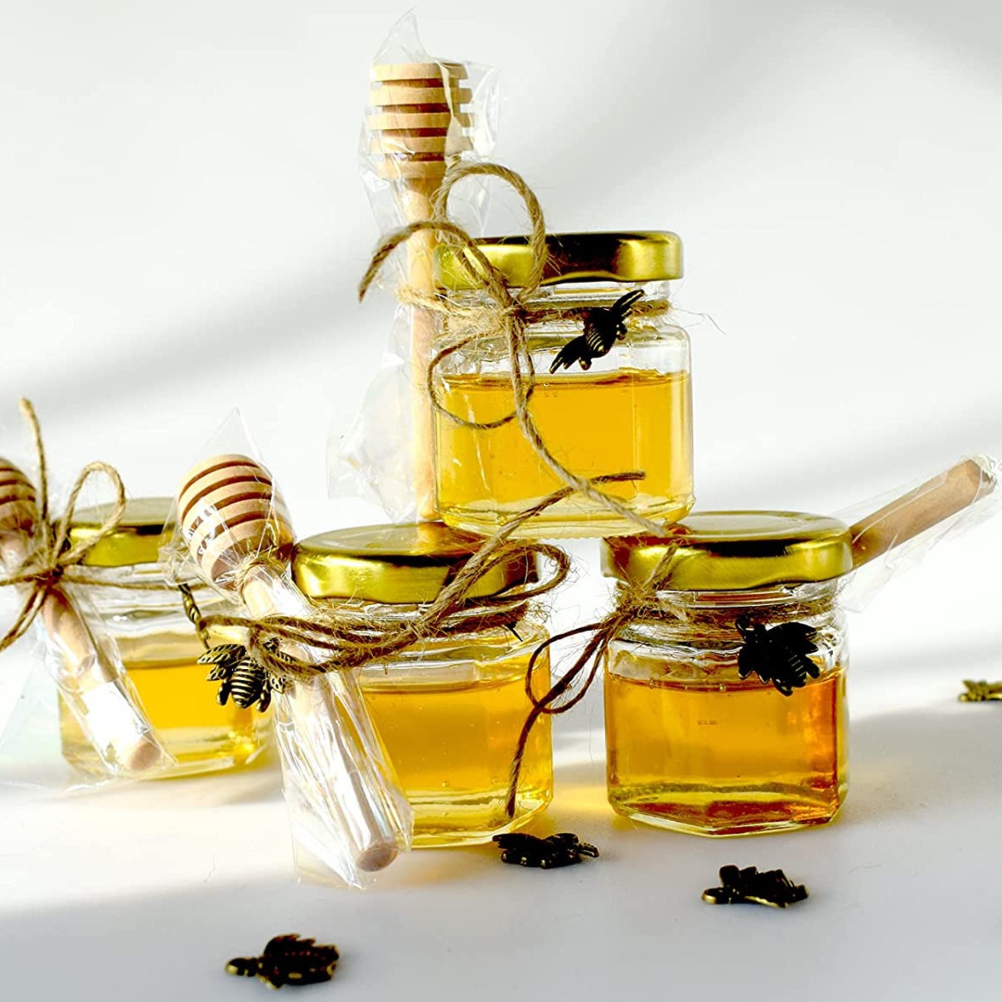 Mini Honey Jar Favors Glass Honey Jars With Gold Lids Wooden Etsy
