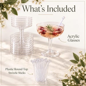 May include: A set of clear acrylic glasses and plastic round top swizzle sticks. The text What's Included, Acrylic Glasses, and Plastic Round Top Swizzle Sticks is visible. One glass is filled with a pink beverage, cherries, and a sprig of rosemary.
