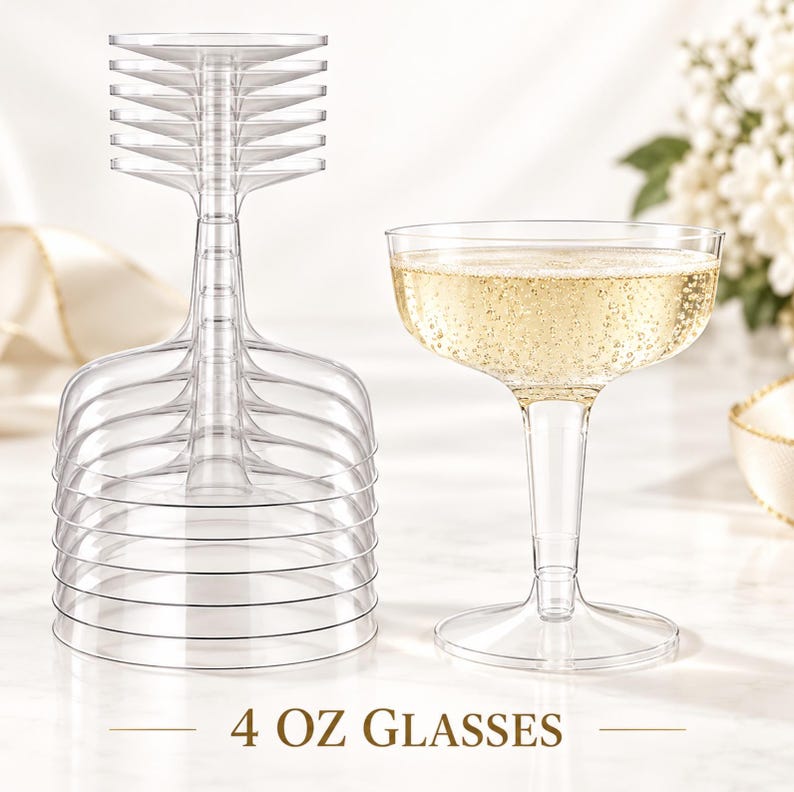May include: A stack of clear plastic coupe glasses alongside a single filled glass. The text 4 OZ GLASSES is printed at the bottom. These disposable beverage containers feature a wide bowl and a sturdy stem, designed for serving drinks.