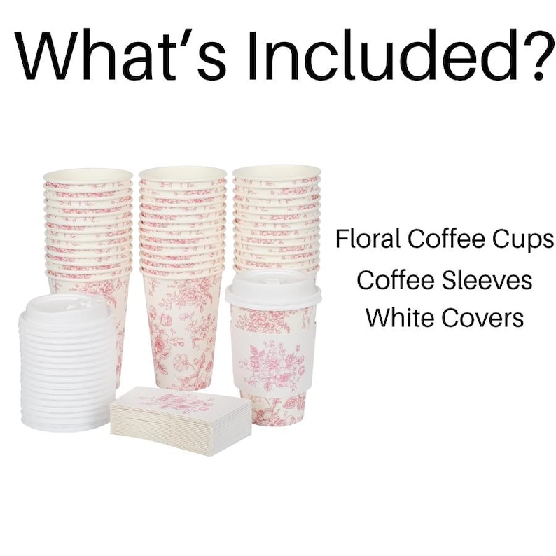 May include: A collection of floral coffee cups, coffee sleeves, and white covers. The cups and sleeves display a pink floral design on a white backdrop. The text "What's Included?" is at the top.