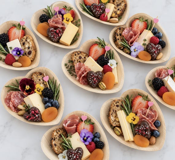 Heart Shaped Bamboo Charcuterie Plates With Fancy Toothpicks for