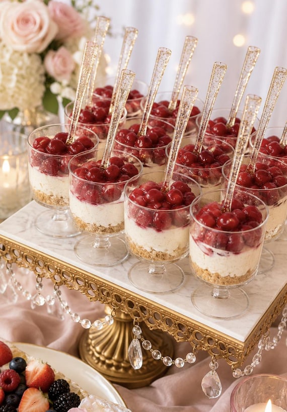 Glitzernde Dessert-Parfait-Becher mit Mini-Löffeln, Vorspeisenbecher für Partys, Mini-Dessertbecher aus transparentem Kunststoff, Dessertpräsentation, Gold/Silber