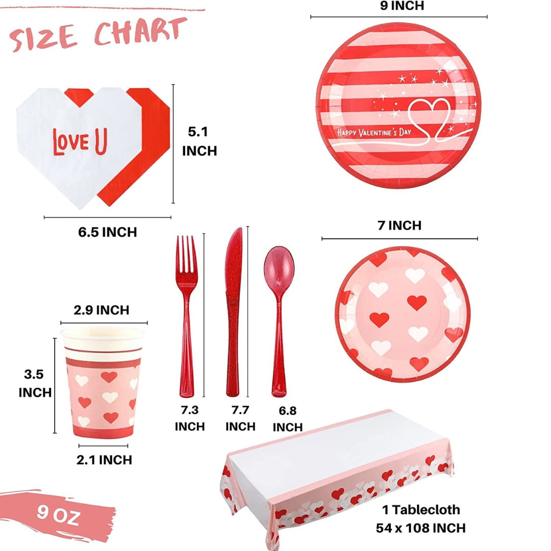 Set Stoviglie Usa E Getta 69 Pezzi Per San Valentino - Piatti, Bicchieri, Tovaglioli E Tovaglia A Cuori Rossi - Per 16 Persone - 2
